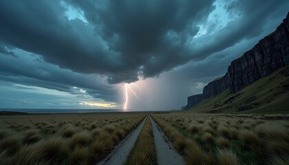 Dramatic Lightning Storm Over Open Field with Dark Cloud Cover and Cliffs