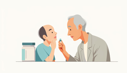 Fototapeta premium Elderly man helping boy take medicine, nurturing health and care