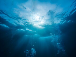 Obraz premium Underwater view of sunlight streaming through the ocean surface