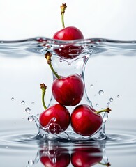 Fresh Red Fruits Splashing into Clear Water with Bubbles and Elegant Ripples, Capturing the Essence of Refreshment and Natural Beauty