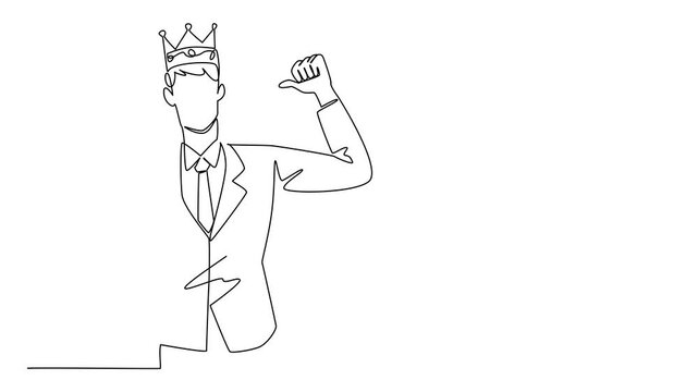 Self drawing animation of continuous one line drawing a man in a suit and tie wearing a crown and pointing at himself with both thumbs up. Honorary title. Reward Yourself Day. Full length animated