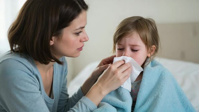 Caring mother comforting sick daughter with tissue in bedroom  