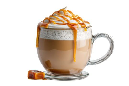 PNG Caramel drizzle latte with cream in glass mug
