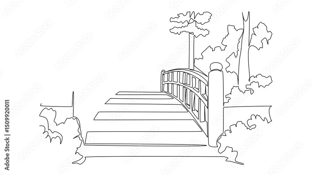 Poster self drawing animation single continuous line drawing public garden with wooden bridge and trees. a 