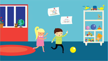 Children play in the room. Vector illustration of a children's room.