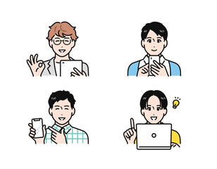 スマホ・タブレット・ノートパソコンを見て喜ぶ若い男性のシンプルなベクターイラストセット