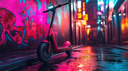 Neon nights cruise A vibrant red scooter poised for adventure in a graffitied alley reflecting the city s electric pulse