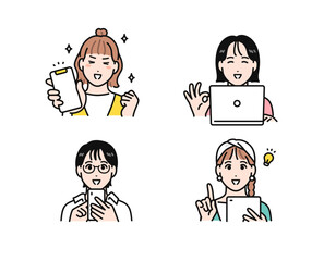 スマホ・タブレット・ノートパソコンを見て喜ぶ若い女性のシンプルなベクターイラストセット