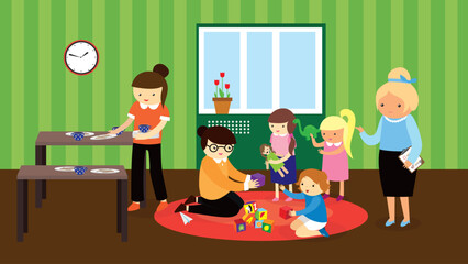 Children playing with toys in kindergarten. Vector illustration in flat style.