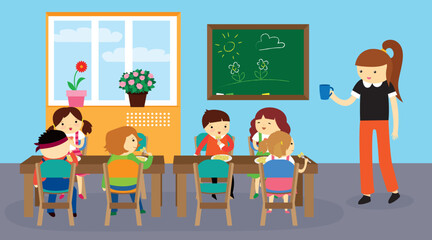 Teacher and pupils in the classroom. Vector illustration in flat style