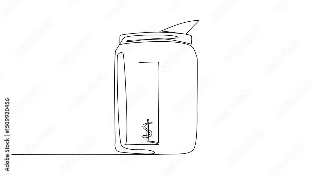 Poster self drawing animation of single continuous line drawing some dollar bills in a jar. sharing is fun.