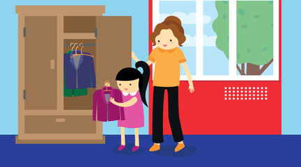 Mother and daughter in front of wardrobe. Vector illustration in flat style