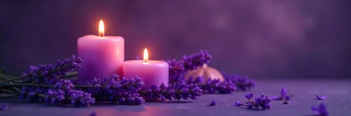 Relaxing lavender candlelight illuminates a serene scene, perfect for aromatherapy and spa settings Soft purple hues create a calming atmosphere ideal for meditation or unwinding , cozy, spa