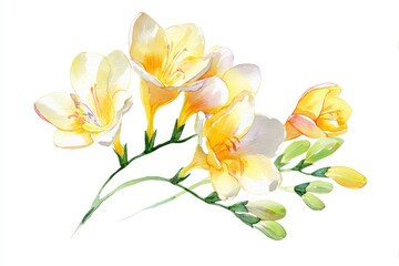 Obraz premium Yellow Freesia Flower Watercolor Clipart Set on White Background