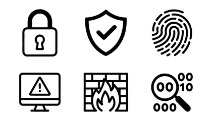 Cybersecurity Icon Set. Outline icons of padlock, shield, fingerprint, firewall, warning symbol, and data analysis. Suitable for digital security concepts