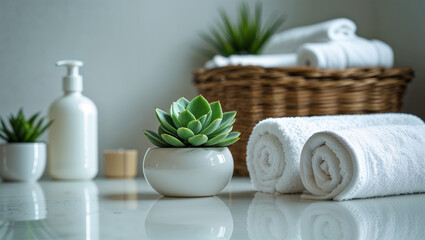 Rolled towels, plants, and soap dispenser creating relaxing spa ambiance