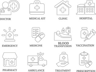 Medical line art icon set.Editable stroke. For Mobile and Web. The icon contains Healthcare And Medicine, Medical Exam, Medicine, Hospital, Doctor, Medical Insurance, Nurse, Stethoscope, Ambulance.