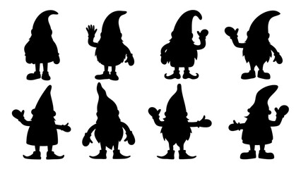 set of gnomes different poses silhouette vector on tranparent background