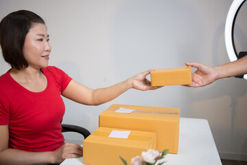 An Asian woman in a light red T-shirt is selling goods online, efficiently packing orders for shipment, carefully organizing items, and  a cheerful demeanor while interacting with her customers.