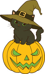 Cute black cat in witch hat sitting on jack-o'-lantern with leaf accents for festive halloween decoration