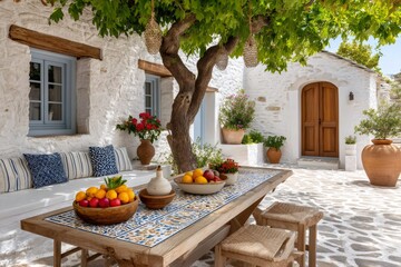 Cozy mediterranean patio with fresh fruit displayed on a rustic table