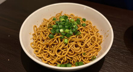 Fried Instant noodles with green onion and soy sauce , traditional asian food .