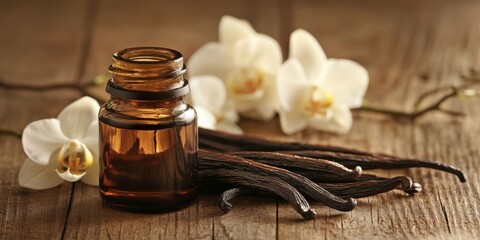 Glass Bottle of Essential Vanilla Oil with Beans and Orchids on a Rustic Wooden Table