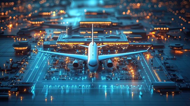 Imagining future flights Plane poised for takeoff amidst glowing city circuit a blueprint for innovation with vibrant