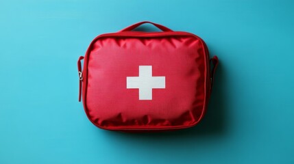 First Aid Kit Open On Blue Background, Symbolizing Preparedness For Medical Emergencies.