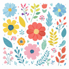 A vibrant vector set of flat floral elements in playful hand-drawn style, including flowers, leaves, and berries. Perfect for invitations, stickers, and spring designs.
