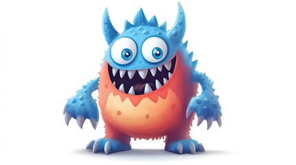 A whimsical blue monster bursts with laughter flashing a toothy grin on a white background digital art cartoon