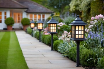 Garden lights illuminating path leading to home at dusk