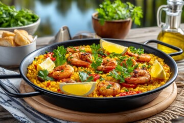 Traditional spanish paella with shrimps, rice, saffron, lemon and parsley in a paella pan