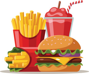Delicious fast food meal with burger, fries, soda drink, and snacks – tasty lunch or dinner combo in cartoon vector illustration, isolated on white background flat vector illustration