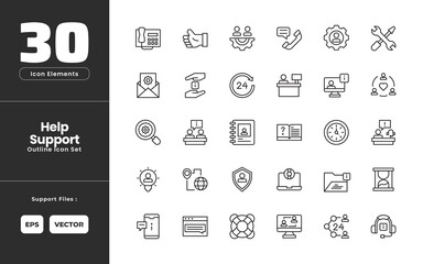 Help Support Icon Set Collection - Outline Line Art Style. Containing Telephone, Thumbs up, User, Call Center, Person Gear, Screwdriver Wrench, Envelope, Helping Hand, 24 Hours, Receptionist.