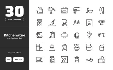 Kitchenware Icon Set Collection - Outline Line Art Style. Containing Teapot, Meat Grinder, Cooking Stove, Hand Mixer, Whisk, Knife, Kitchen Scale, Cleaver, Blender, Salt and Pepper, Coffee Machine.