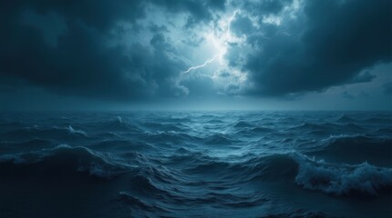 Dramatic Stormy Sea at Night Photorealistic Ocean Scene with Lightning