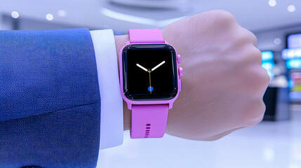 Man Wearing a Pink Smartwatch with a Blue Jacket