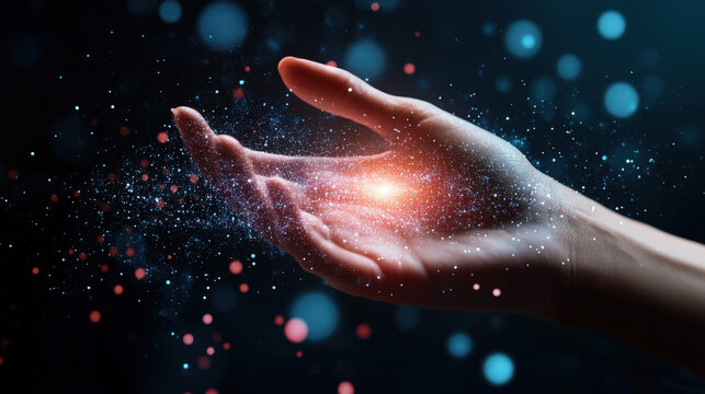 A cybernetic AI hand interacting with a holographic 5G signal interface