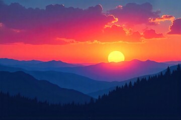 Silhouette of mountains at sunrise, vibrant colors paint the sky, peaceful and serene landscape perfect for travel or nature-themed projects , scenic, nature