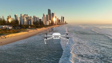 Drone Flyover of Coastal City at Sunrise - Powered by Adobe