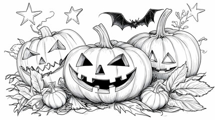 Spooky Black And White Halloween Pumpkin Sketch With Bat