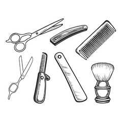 barber shop tool set collection hand drawing