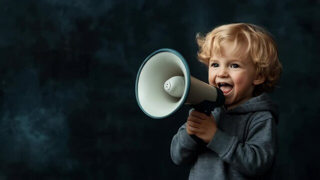 Cute little boy holding a modern megaphone on a dark studio background with copy space. Child speaking or shouting. Communication and announcement concept