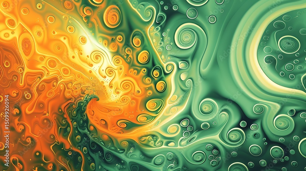 Poster abstract fluid art with swirling orange and green colors creating a dynamic and textured background