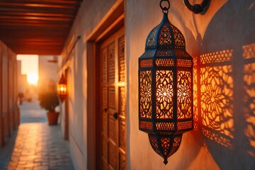 Ornate lantern illuminating traditional middle eastern architecture at sunset
