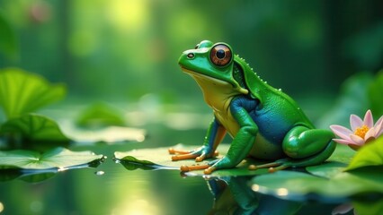 Naklejka premium Vibrant Amphibian Resting Serenely on Aquatic Lily Pad in Lush Natural Habitat