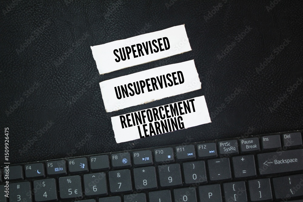 Fototapete laptop keyboard and paper with words the three machine learning types are supervised, unsupervised, 