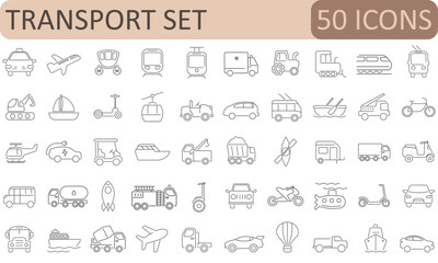 Line icon set of 50 transport and vehicle illustrations. Great for apps, maps, infographics, UI/UX, and mobility-themed design projects.
