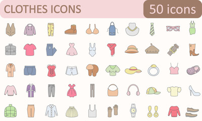 Colorful vector set of 50 fashion and clothing icons. Ideal for UI/UX, mobile apps, websites, prints, and branding projects.